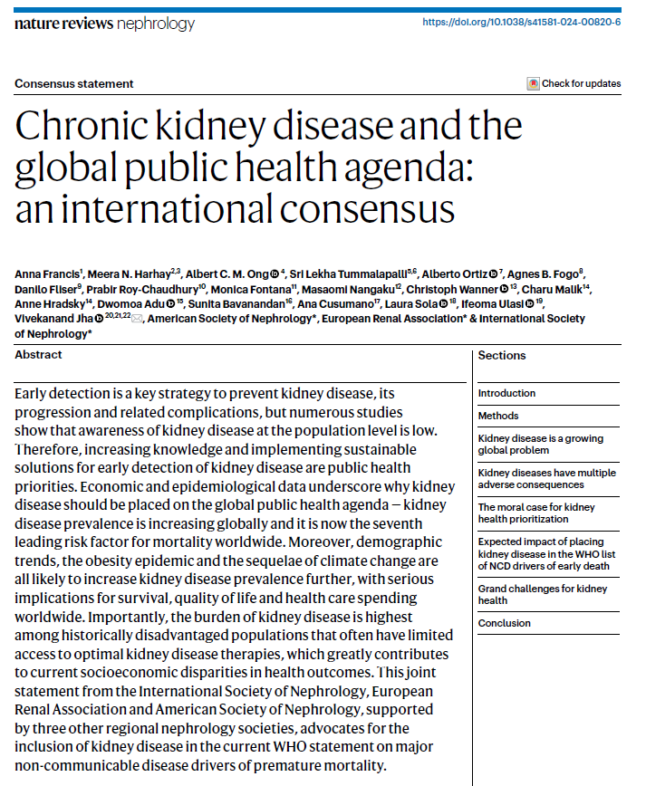 We are extremely pleased to publish this Consensus Statement from @ISNkidneycare, @ERAkidney and @ASNKidney, and supported by regional societies, advocating for the recognition of kidney disease as a major #NCD driver of premature mortality. @WHO go.nature.com/3U3Ll8f