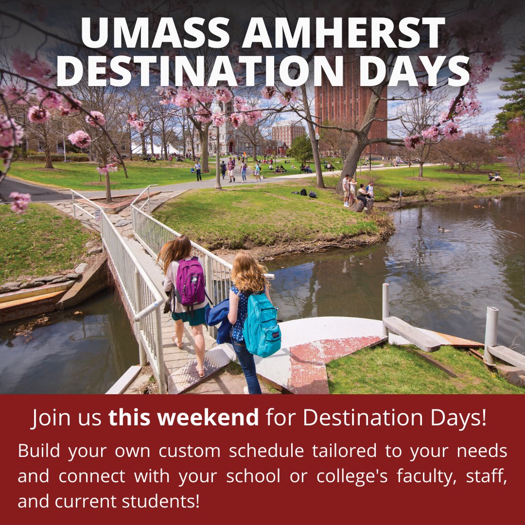 2024 Destination Days @UMassAmherst are THIS weekend! 📆 Destination Days are a full-day event exclusively for admitted students where you can connect with your school or college's faculty, staff, and current students. We hope to see you in Amherst this weekend! 🤩 #umass