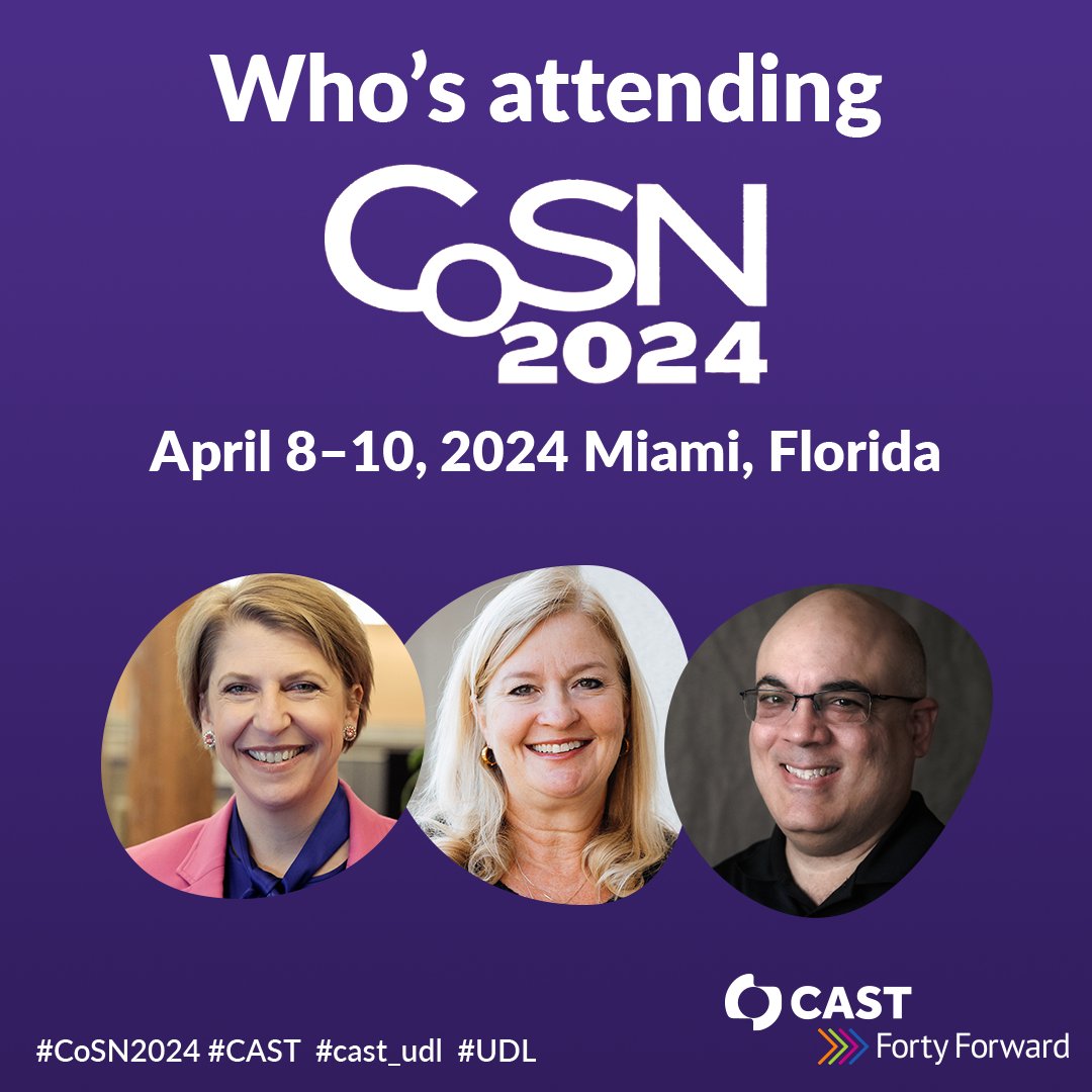 Who's attending CoSN 2024? Join Lindsay E. Jones, Christine Fox, & Luis Perez from CAST at @CoSN 2024 in Miami, April 8-10! Dive into the world of UDL with us. See you there! #CoSN2024 #cast_udl #UDL Register: ow.ly/9G5i50R6uSK