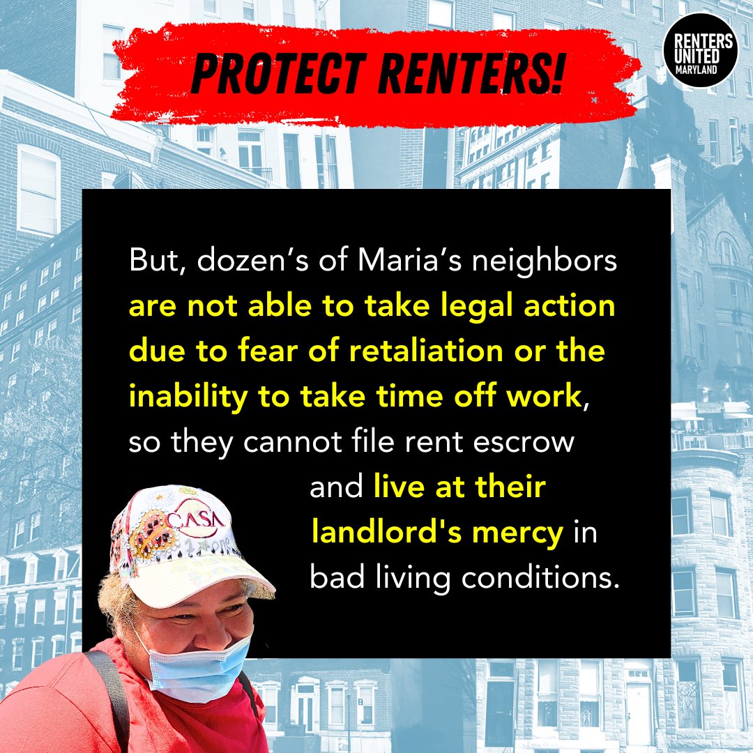 Just like Maria’s neighbors who were unable to file into rent escrow, other MD families face this challenge, whether due to fear of retaliation and possible eviction or bc of work. Pass the Tenant Safety & Good Cause Acts, @MDSenate, to #ProtectRenters. #MDGA24