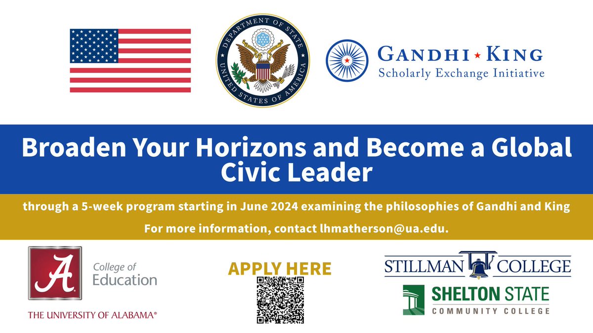 Applications are now being accepted for the Gandhi-King Scholarly Exchange Initiative's 2024-25 Cohort! The deadline for submissions is April 5. @UofAlabama @StillmanCollege @sheltonstate