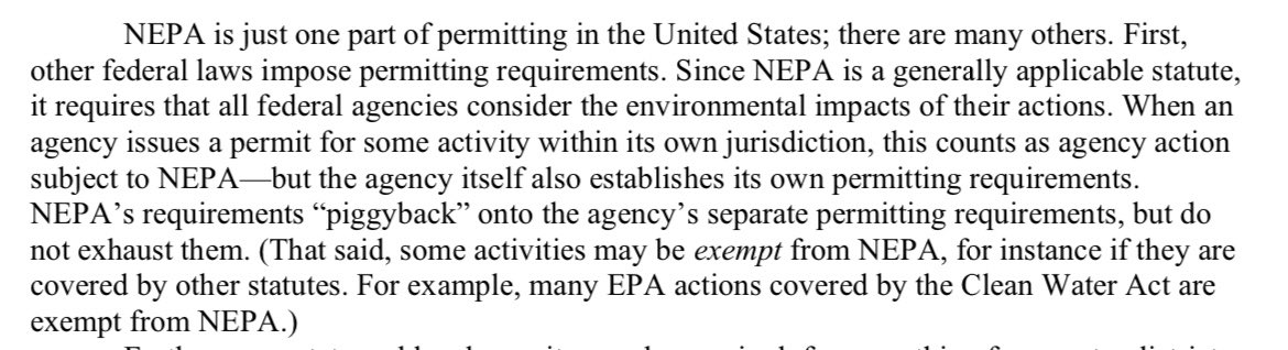 Starting to read this — it’s great — and there a couple of points worth highlighting: 1. NEPA requirements “piggyback” on agencies’ permitting requirements, but do NOT exhaust them. This is why the “umbrella law” nomenclature is misleading — and why other permitting laws matter.