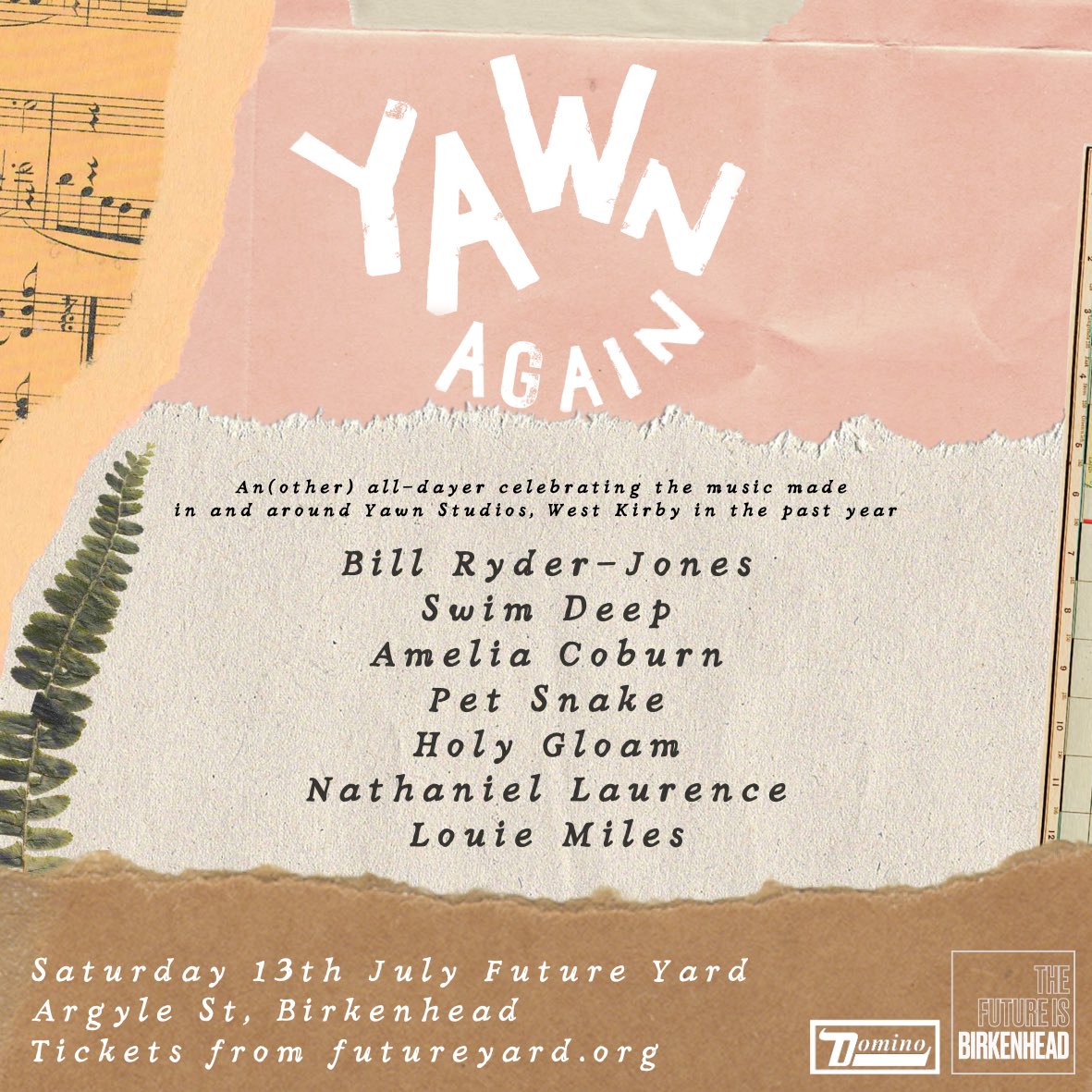 Very excited to be joining @BRyderJones, @SWIM_DEEP & more at this July’s YawnFest lineup at @future_yard. Tickets go on sale from 10am Friday. Can’t wait to be back having a pint in The Wirral. futureyard.org/listings/yawn-…