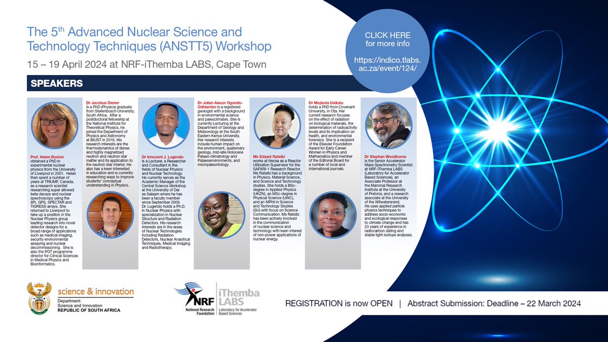 We are excited to introduce the keynote speakers who will be participating in the ANSTT5 workshop at NRF-iThemba LABS from 15-19 April 2024. More information about the workshop is available at: indico.tlabs.ac.za/event/124/ @NRF_News @dsigovza