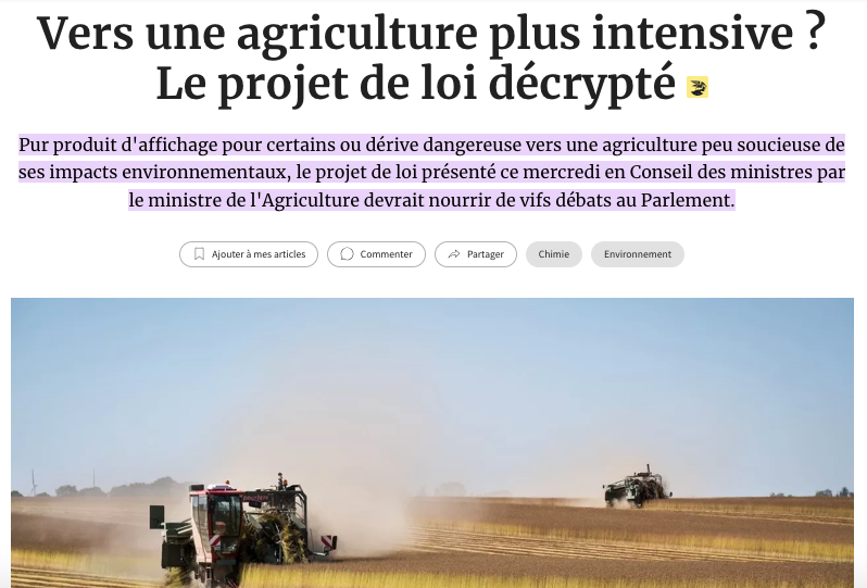 « Dans cette définition, il n'est pas question de sécurité alimentaire ou d'autonomie de l'agriculture française, comme cela s'entend habituellement avec le terme de 'souveraineté'. Cette expression ne traite pas les vrais enjeux, comme notre dépendance aux engrais, par exemple.…