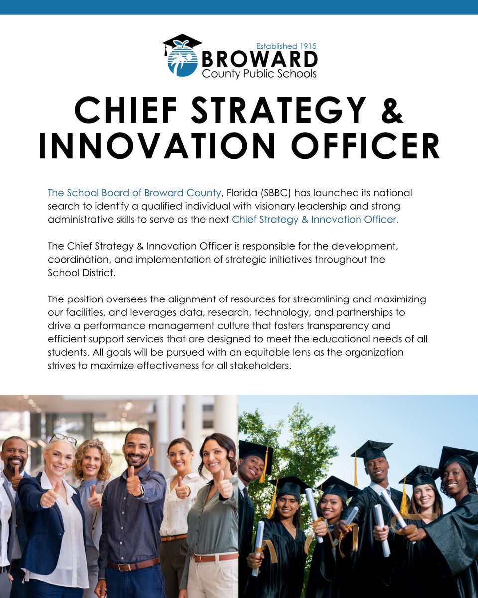 📣 APPLY NOW‼️ Join BCPS as their Chief Strategy & Innovation Officer! The Chief Strategy & Innovation Officer is responsible for the development, coordination, and implementation of strategic initiatives throughout the School District. 👉Apply: careers.browardschools.com/job/FT-LAUDERD…