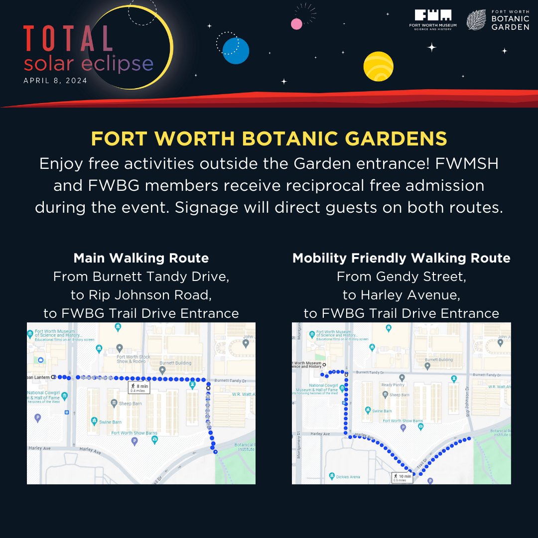 Make sure to stop by both the FREE outdoor and indoor activities, as well as the Fort Worth Botanic Gardens to learn more about the Solar Eclipse!

#FWMSH #TotalSolarEclipse #SolarEclipse2024 #FortWorthEclipse #InThePathofTotality #SmithsonianEclipse #FindYourPlaceInSpace