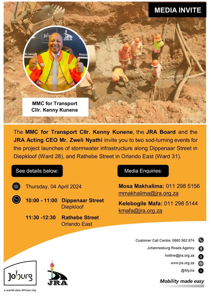 [INVITE] MMC @Kenny_T_Kunene cordially invites you to two SOD-turning events for the project launches of stormwater infrastructure along Dippenaar Street in Diepkloof (Ward 28), and Rathebe Street in Orlando East (Ward 31) #OperationRestore #OperationLokisa #OperasieHerstel