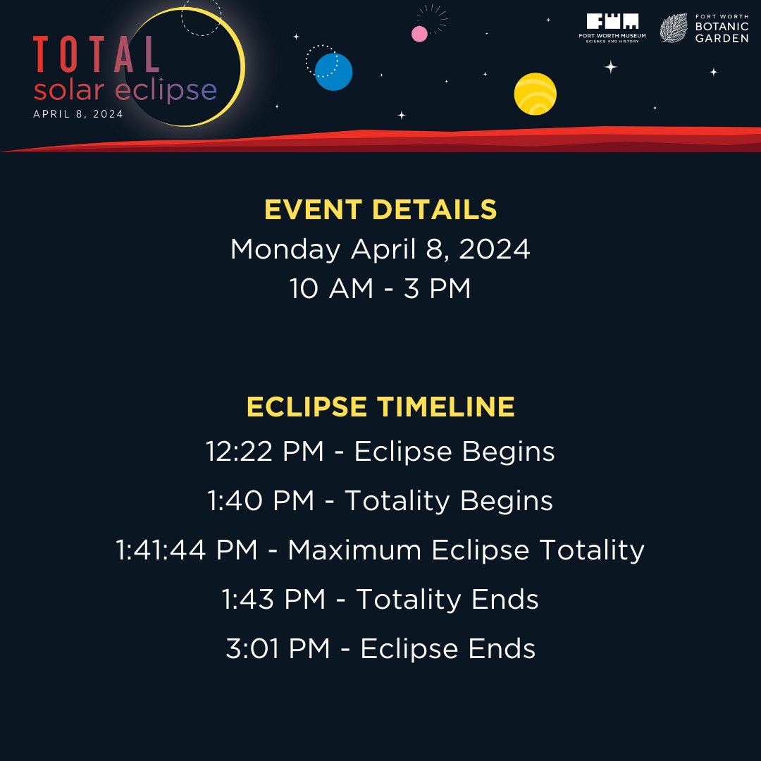 Planning on attending our Total Solar Eclipse event on April 8th? Learn everything you need to know before you go! #FWMSH #TotalSolarEclipse #SolarEclipse2024 #FortWorthEclipse #InThePathofTotality #SmithsonianEclipse #FindYourPlaceInSpace