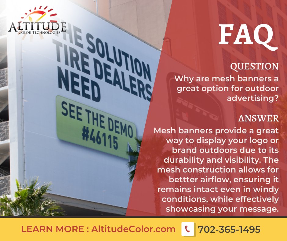 Step up your outdoor branding game with our mesh banners today! 

For more information, please call 702-365-1495 or visit our website: AltitudeColor.com

#AltitudeColor #OutdoorAdvertising #MeshBanners #BrandingSolutions #printer #grandformatprinter #printingsolutions