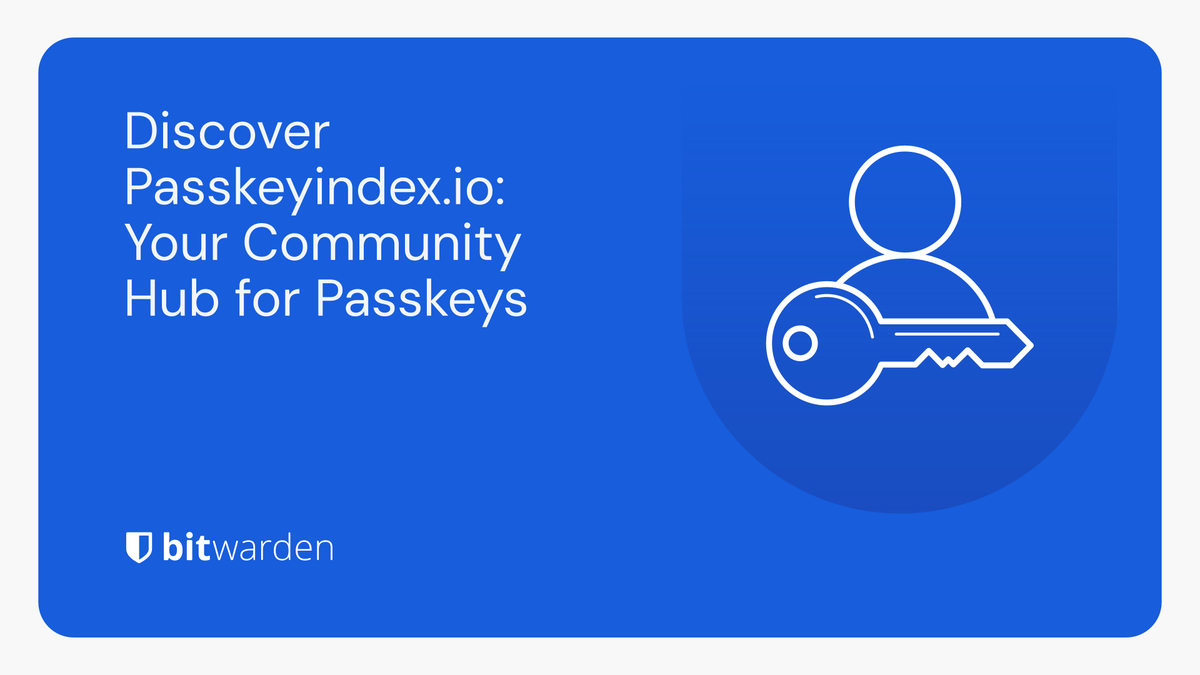 Bitwarden's tweet photo. Dive into the community hub for passkey-supported services - Passkeyindex․io! Discover, contribute, and collaborate on a curated list of platforms embracing #passkey authentication. Learn more: https://t.co/EKep6SxC6f https://t.co/orxxpJNK9O