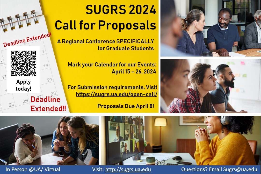 SUGRS 2024 Call For Proposals extended until April 8‼️ Abstract proposals and paper, poster, or course panel submissions are due electronically no later than April 8. For more info, visit sugrs.ua.edu or email sugrs@ua.edu. Full agenda will be available very soon!