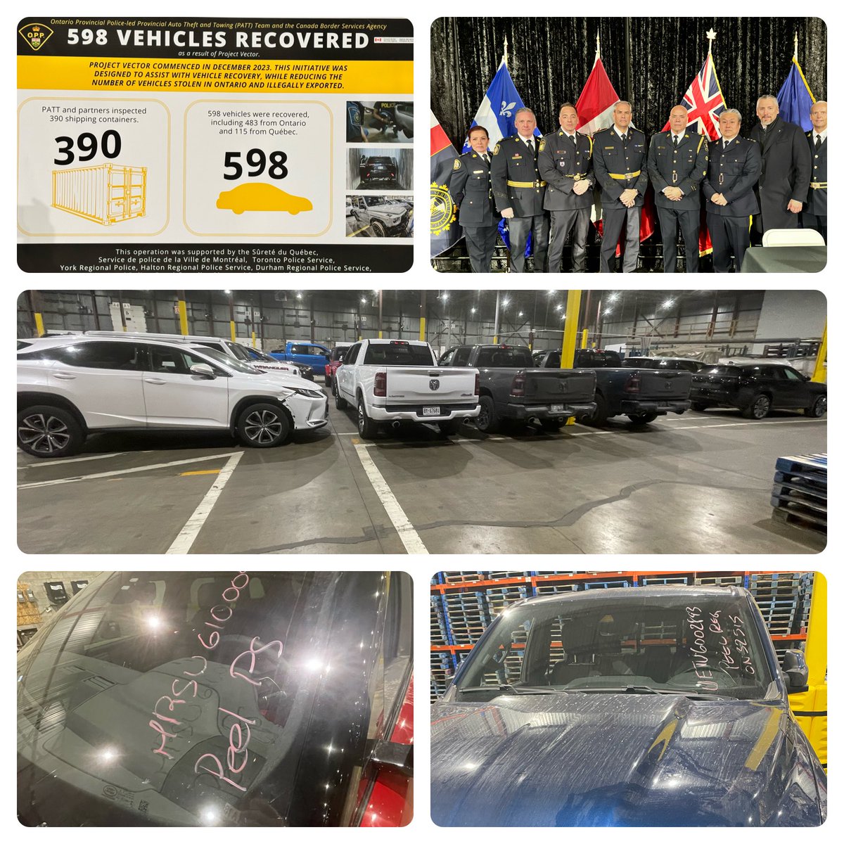 Project Vector resulted in recovery of 598 vehicles which were stolen from our communities & destined for export. @PeelPolice partnered by sending investigators to assist with interdiction. Our team is committed to fighting #autotheft and will travel to Montreal to help do this.