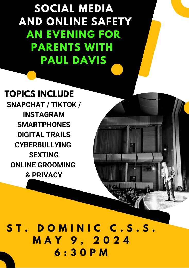 The <a href="/SMCDSB_MMO/">Msgr.Michael O'Leary</a>  CSCC is hosting a Parent engagement event with special guest speaker Paul Davis.  Paul will share insight for families on social media safety and cyberbullying. Event is May 9th, 6:30 at <a href="/St_DominicCSS/">St. Dominic CSS</a>  All parents/caregivers are welcome!