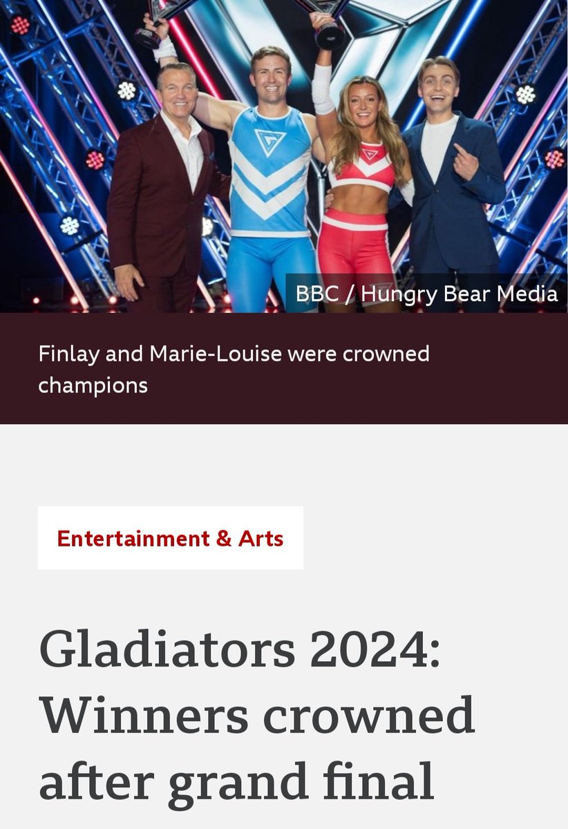 HelloMarie_Lou's tweet photo. I never ever thought that I'd read the words "Marie-Louise wins Gladiators"! Massive congratulations to Gladiators winner Marie-Louise Nicholson! #DoingItForMarieLouisesEverywhere!  @GladiatorsTV https://t.co/h5e1p3Es1B