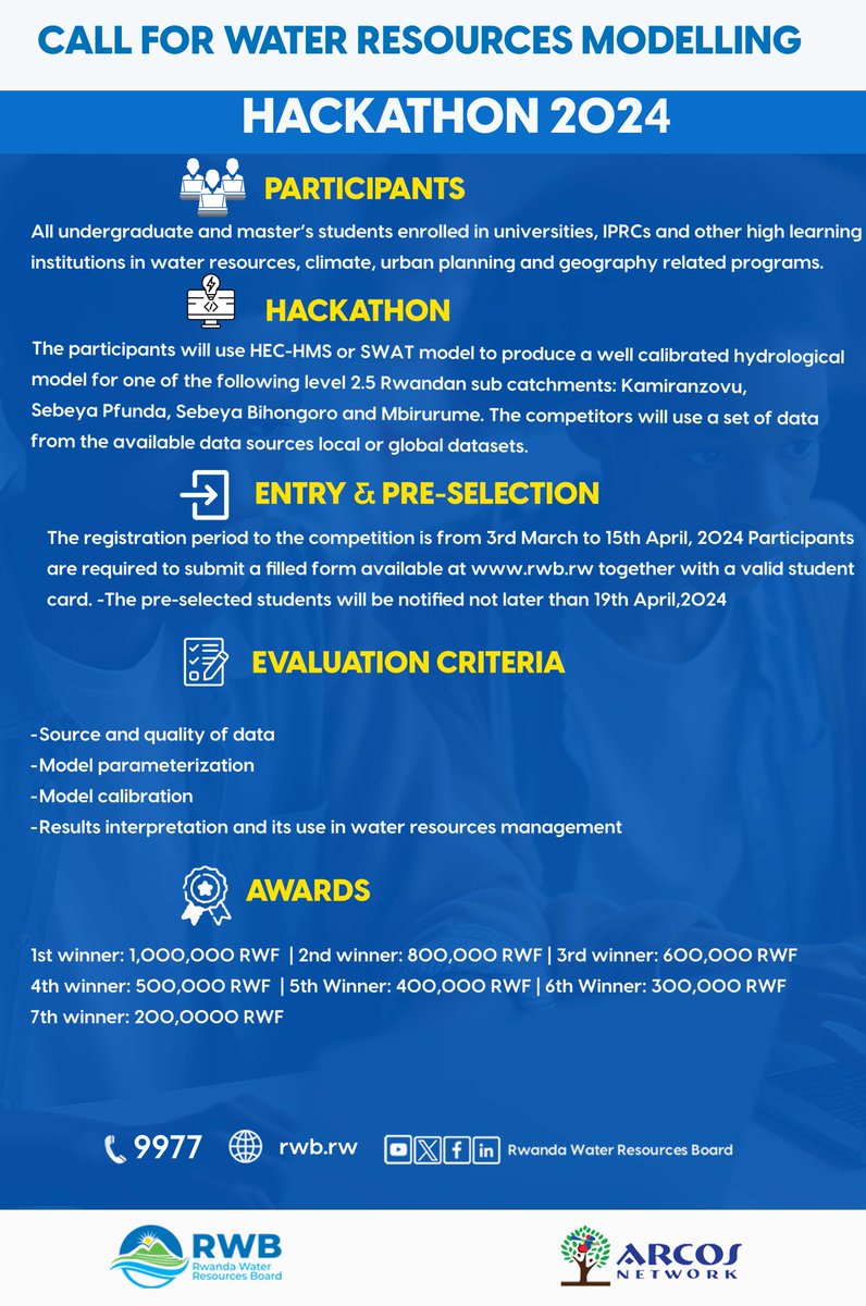 Are you currently pursuing an undergraduate or master's degree in water resources, climate studies, urban planning, geography, or related fields based in Rwanda? Don't miss out on the opportunity to join this Modelling Hackathon competition. Register 👉docs.google.com/forms/d/e/1FAI…