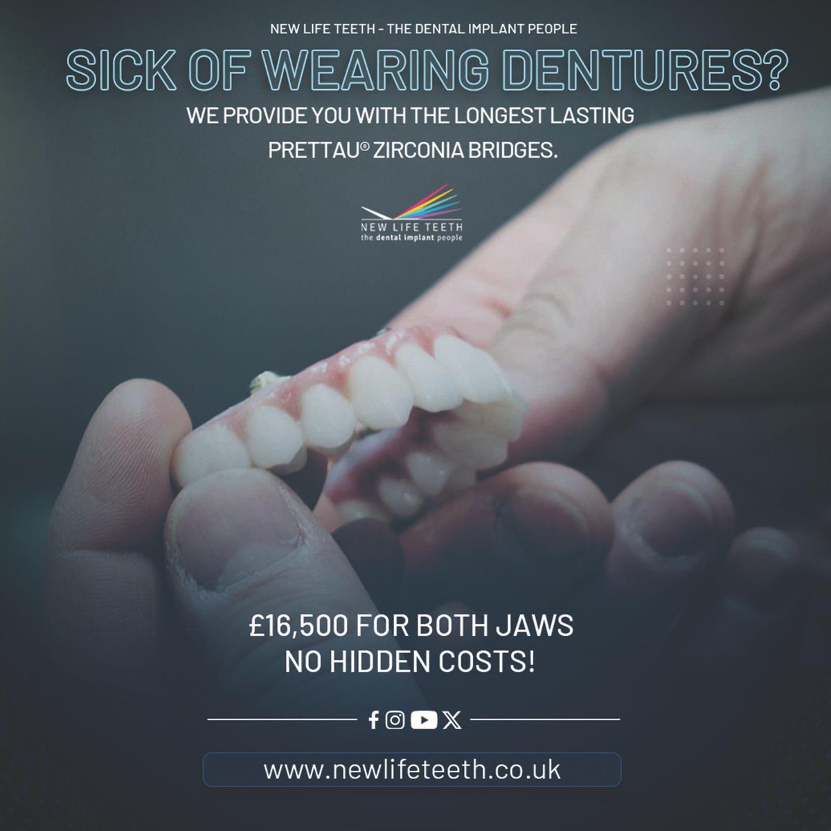 NewLifeTeeth's tweet photo. 🦷 Are you tired of the hassle that comes with dentures? New Life Teeth offers a game-changing solution: the Prettau® Zirconia Bridge, known for its durability and stunning natural appearance.

With a set price of £16,500 for both jaws and absolutely no hidden costs, investing in your smile has never been clearer or more straightforward. 🌟

👉 Experience the comfort and confidence of the longest-lasting dental solution we provide. Say goodbye to the discomfort of traditional dentures and hello to a seamless, beautiful smile.

📞 Visit our website or contact us directly to learn more about this exclusive offer. It’s time to embrace a new life with New Life Teeth.

#SickOfDentures #PrettauZirconia #NewLifeTeeth #NoMoreDentures #DentalImplants #CompleteSmileMakeover #TransparentPricing #UKDentistry