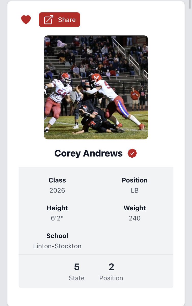 Corey_andrews07's tweet photo. Blessed to be ranked as the #2 LB ( 5th overall) in Indiana !! 
@LintonFootball @PrepRedzoneIN @FFBallAllDay https://t.co/ElxF8c4YpI