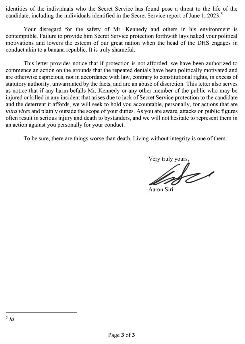 Scathing letter from my attorneys holds Secretary Mayorkas responsible for consequences of his politically motivated, petty, and vindictive denial of Secret Service protection for my campaign. TAKE ACTION: Demand President Biden provide Secret Service protection to RFK, Jr. ⬇️…