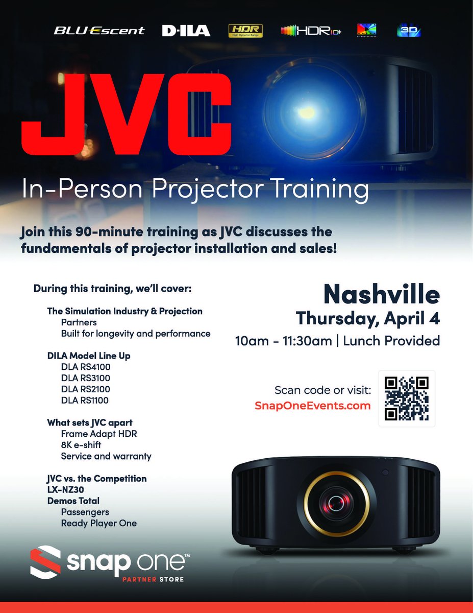 Be sure to attend JVC's projector training with @Snap_One_ in Nashville Tennessee, for a great breakdown of projector installation and sales on April 4th! Click here to sign up: eventbrite.com/e/jvc-in-perso…