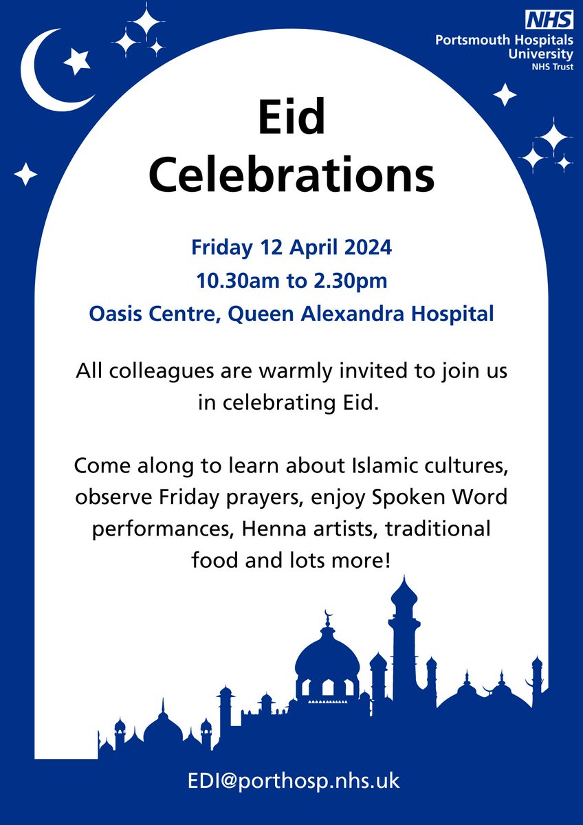 We're excited to invite all colleagues to our Eid Celebrations on Friday 12th April, from 10.30am to 2.30pm. Join us for authentic food, spoken word performances, Henna artists, Friday prayers and more 😊