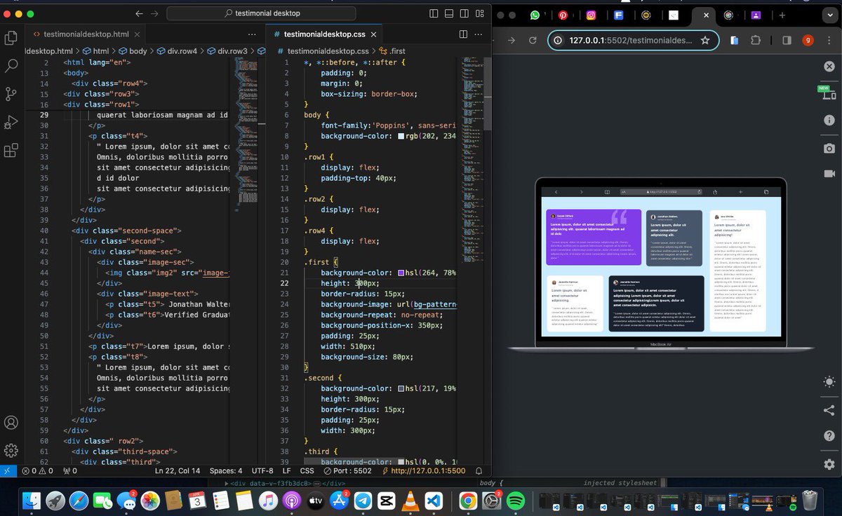 uthman_code's tweet image. Day 39 of #100daysofcode: Taking it back to Day 36 when I crafted a mobile-friendly testimonial webpage. Today, I expanded upon it and designed a desktop version using HTML and CSS. Progressing steadily in my frontend journey! 💻🌟 #coding #webdev #HTML #CSS
