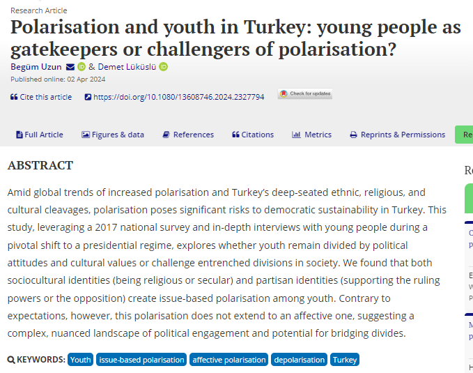 📢 NEW ARTICLE! 📢 
'Polarisation and youth in Turkey: young people as gatekeepers or challengers of polarisation?' by Begüm Uzun and Demet Lüküslü is online 🇹🇷 👇

tandfonline.com/doi/abs/10.108…