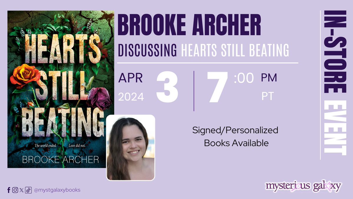 ✨Tonight, at 7:00 PM PT, join BROOKE ARCHER (@abrookeworm) for an IN-STORE event for HEARTS STILL BEATING! Signed & personalized books are available! For more information & to register -> buff.ly/3TVIJue