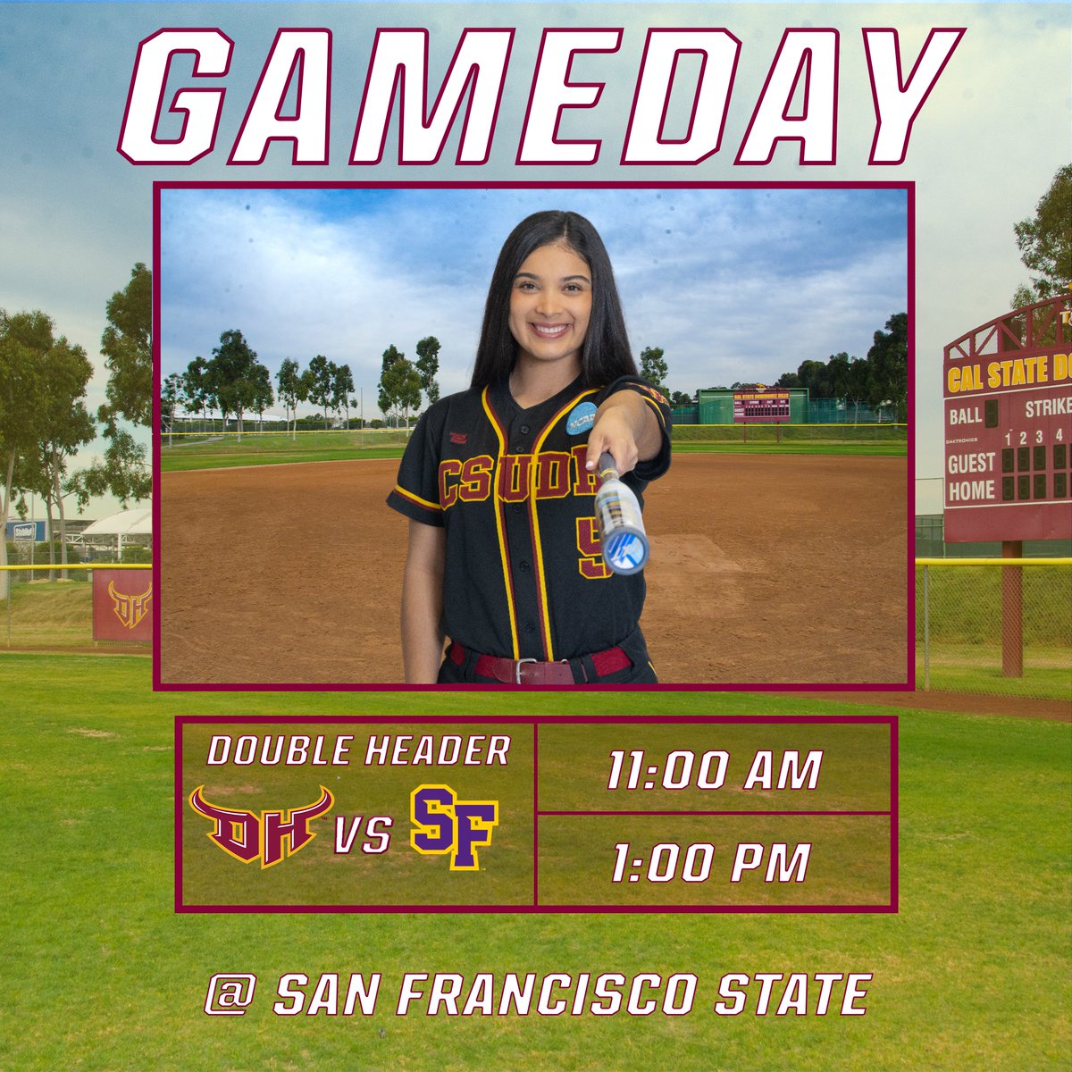 Gameday! @CSUDHsoftball concludes their series against San Francisco State in a doubleheader. ⏰: 11 am & 1 pm 📍: San Francisco, CA 📺: ccaanetwork.com 📊: bit.ly/3xuZD9Z