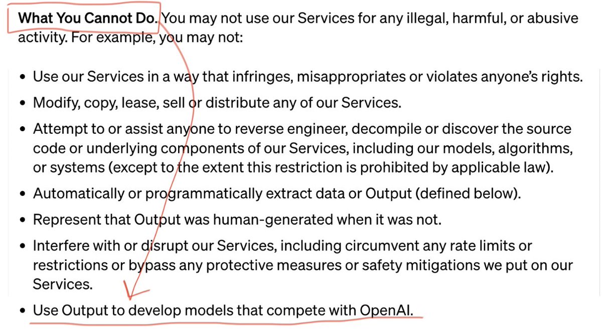 ¿Os imagináis que la licencia de Windows tuviera una cláusula que prohibiera usar Windows para hacer software que compitiera con Microsoft? Pues justo eso es lo que hace OpenAI en sus T&C openai.com/policies/terms…