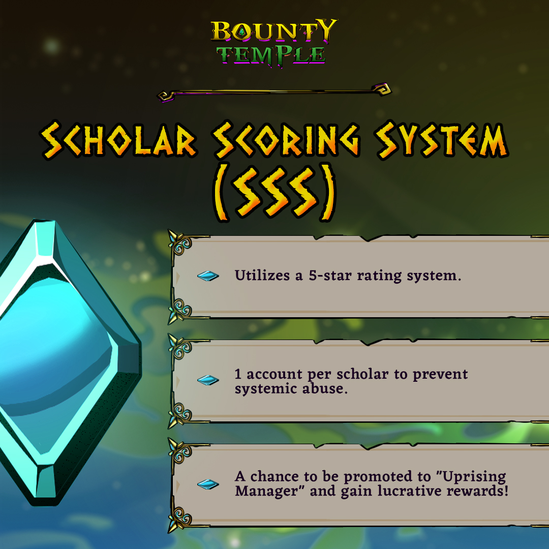 Moving away from the traditional scholar system from P2E, Bounty Temple’s SSS provides a star rating system to rate all the scholars, giving them a chance to be promoted to “Uprising Manager”. Bringing a brand new experience to everyone! #BountyTemple #P2EE #GameFi #TYT