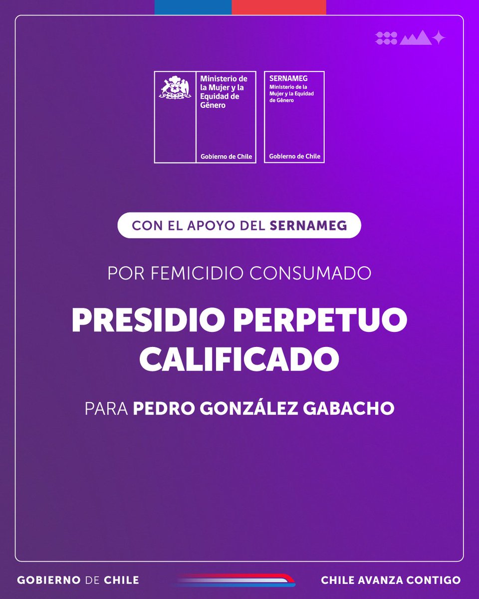 Gracias al trabajo de @SernamEG_RM y Fiscalía Centro Norte, se condenó a presidio perpetuo calificado a Pedro González Gabacho, por el delito de Femicidio Consumado ocurrido en 2021. Desde @MinMujeryEG representamos a la familia de Angélica Ramírez durante el proceso judicial