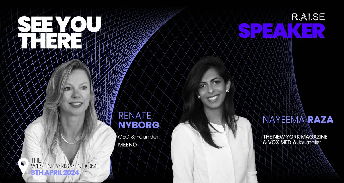 'Artificial Intelligence, Real Connection? From running @Tinder to fighting Gen Z Loneliness with @meeno_official' Super excited to announce this exciting fireside chat at the @RaiseSummit with @renate and @nayeema from the @NYMag & @voxmedia! @renate is the Founder of