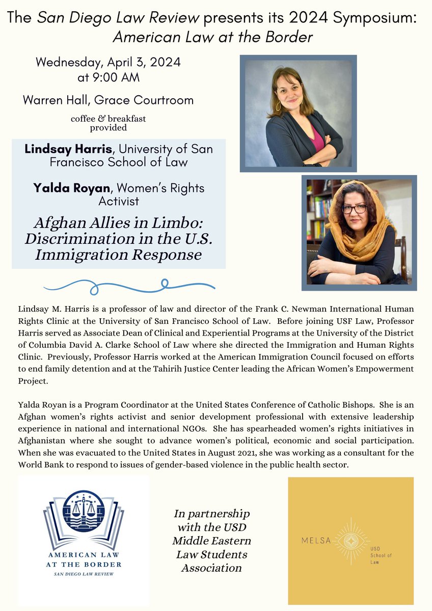 Today @YaldaRoyan + I are presenting on: '#AfghanAllies in Limbo: Discrimination in the U.S. #Immigration response' @ the 2024 @USanDiegoLaw Symposium: American Law at the Border. Yalda on her #asylum interview: 'To me it was not an interview, it was an interrogation...' 1/🧵