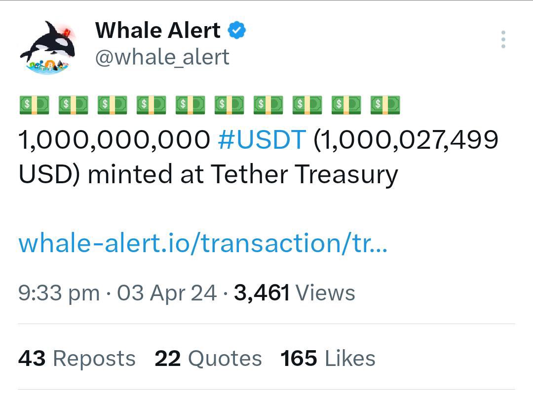 AshCrypto's tweet photo. 🚨 BREAKING 🚨

1,000,000,000 USDT JUST GOT 
MINTED AT TETHER TREASURY

YESTERDAY ALSO $1 BILLION USDT 
WAS MINTED. 

ARE WHALES PREPARING FOR A 
HUGE #BITCOIN PUMP ? https://t.co/mERtkUw7Wj