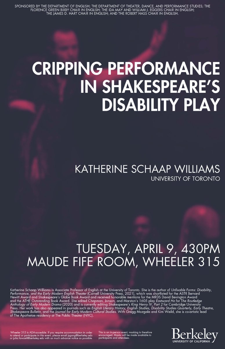 📷Sharing this event: 'Cripping Performance in Shakespeare's Disability Play,' a UC Berkeley lecture by Professor Katherine Schaap Williams (University of Toronto). The lecture will be held on Tuesday, April 9th, at 4:30 in the Maude Fife Room. events.berkeley.edu/english/event/…