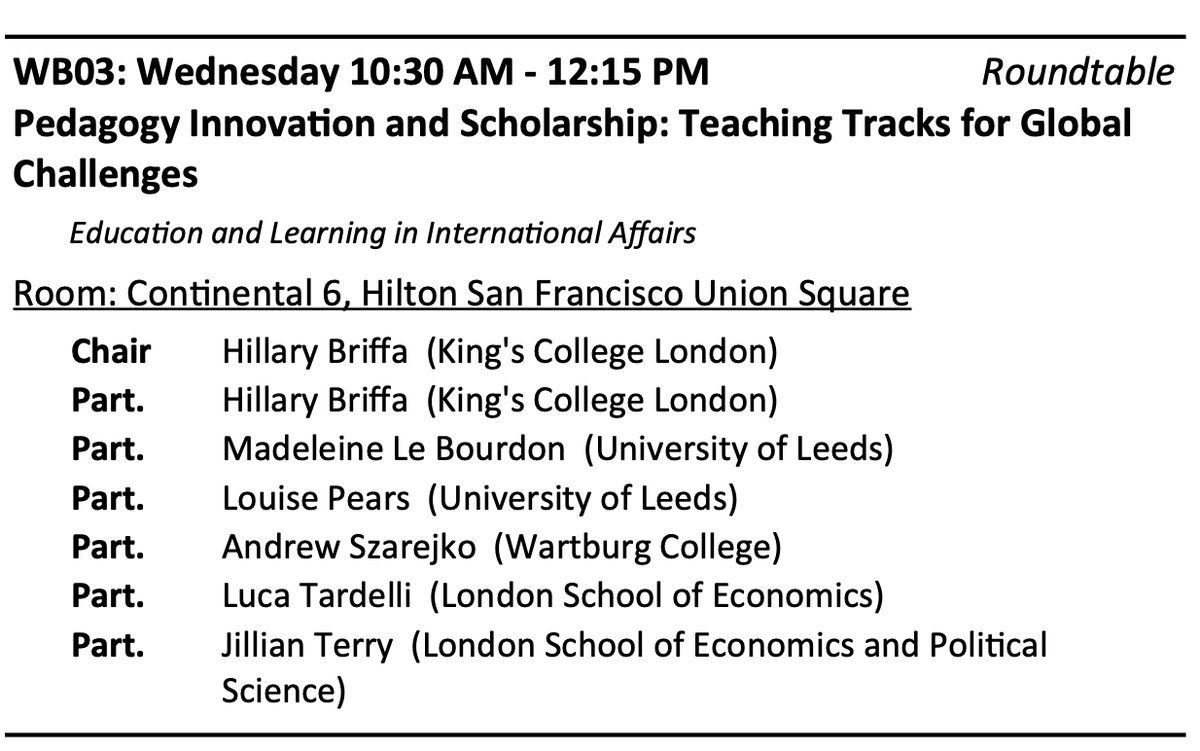 Come along to our #ISA2024 roundtable on teaching track careers, pedagogy innovation, and scholarship with: <a href="/h1llz/">Dr Hillary Briffa</a>, @DrMLeBourdon, <a href="/louisekpears/">Louise Pears</a>, <a href="/Szarejko/">Andrew Szarejko</a>, and <a href="/jillianterry/">Dr Jillian Terry</a>. Already a great example of of dialogue and community building among teaching track academics.