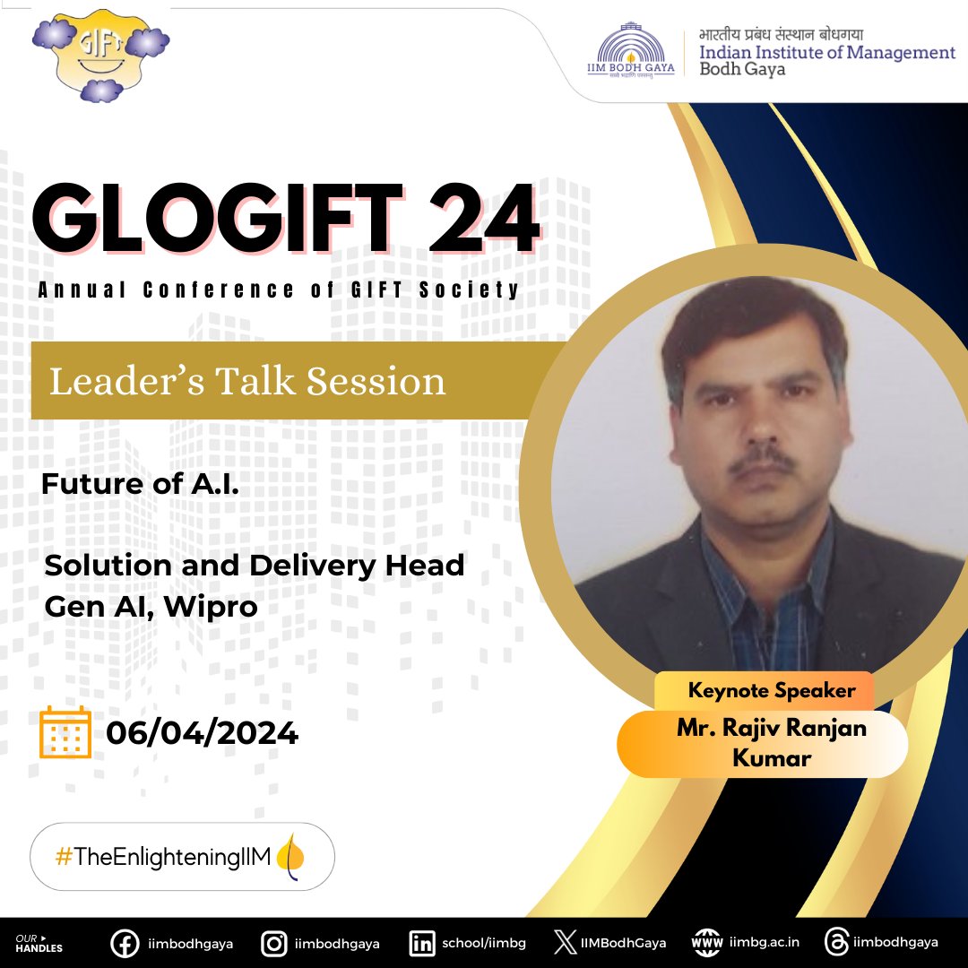 GLOGIFT'24 is hosting a magnificent line of industry leaders. 
Swipe to see session details and join us to accentuate your learning curve!

#GLOGIFT2024 #GLOGIFT #global #globalconnects #conference #internationalconference #international #GuestLecture #iimbodhgaya