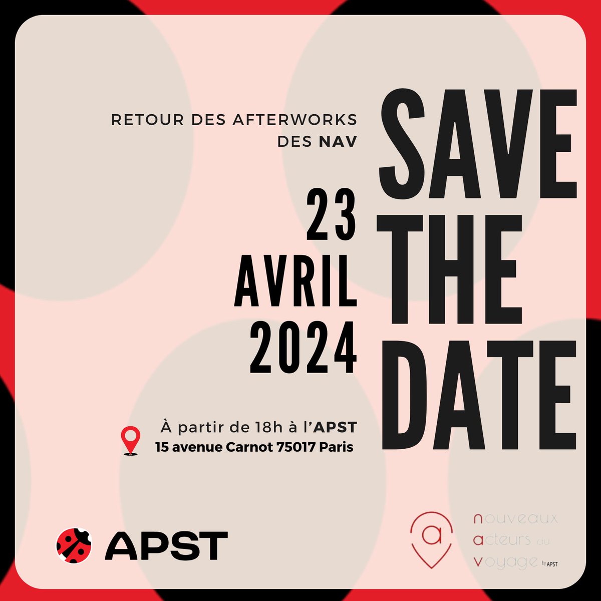 APSTfr's tweet image. SAVE THE DATE 🍸

Le cercle des nouveaux acteurs du voyage (NAV) revient cette année et c’est le 23 avril qu’aura lieu la première édition de ces afterworks.
 
Pour ceux qui souhaitent participer à l’afterwork, vous pouvez vous inscrire via ce lien 👉 lnkd.in/eSG5FdiA