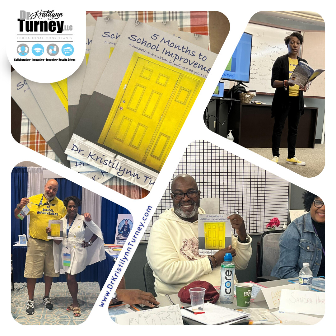 For #WednesdayWisdom, I suggest '5 Months to School Improvement,' a workbook with activities, reflection questions, and checklists to help improve your school. It was written based on my 20 years of experience! #drturney #schoolimprovement #educationmatters #educators #principal