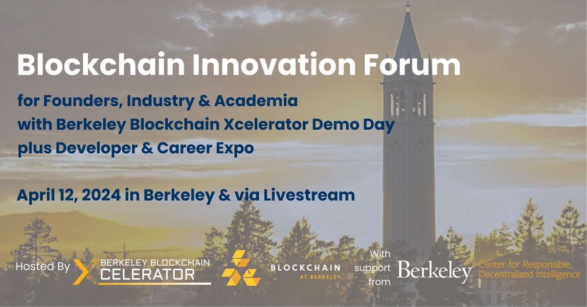 UC Berkeley RDI (@berkeleyrdi) on Twitter photo 🎉 Register for the Blockchain Innovation Forum on Apr 12! Space is limited! Hosted by <a href="/Xcelerator/">Berkeley Blockchain Xcelerator</a> <a href="/CalBlockchain/">Blockchain at Berkeley</a> with support from <a href="/BerkeleyRDI/">UC Berkeley RDI</a>! Speakers from <a href="/ElectricCapital/">Electric Capital ⚡️</a> <a href="/Aptos/">Aptos</a> @Circle @theoryvc <a href="/FTI_US/">Franklin Templeton</a> @storyprotocol <a href="/EluvioInc/">Eluvio</a> <a href="/gensynai/">gensyn</a>. lu.ma/berkeley_block… 🎉 Register for the Blockchain Innovation Forum on Apr 12! Space is limited! Hosted by <a href="/Xcelerator/">Berkeley Blockchain Xcelerator</a> <a href="/CalBlockchain/">Blockchain at Berkeley</a> with support from <a href="/BerkeleyRDI/">UC Berkeley RDI</a>! Speakers from <a href="/ElectricCapital/">Electric Capital ⚡️</a> <a href="/Aptos/">Aptos</a> @Circle @theoryvc <a href="/FTI_US/">Franklin Templeton</a> @storyprotocol <a href="/EluvioInc/">Eluvio</a> <a href="/gensynai/">gensyn</a>. lu.ma/berkeley_block…