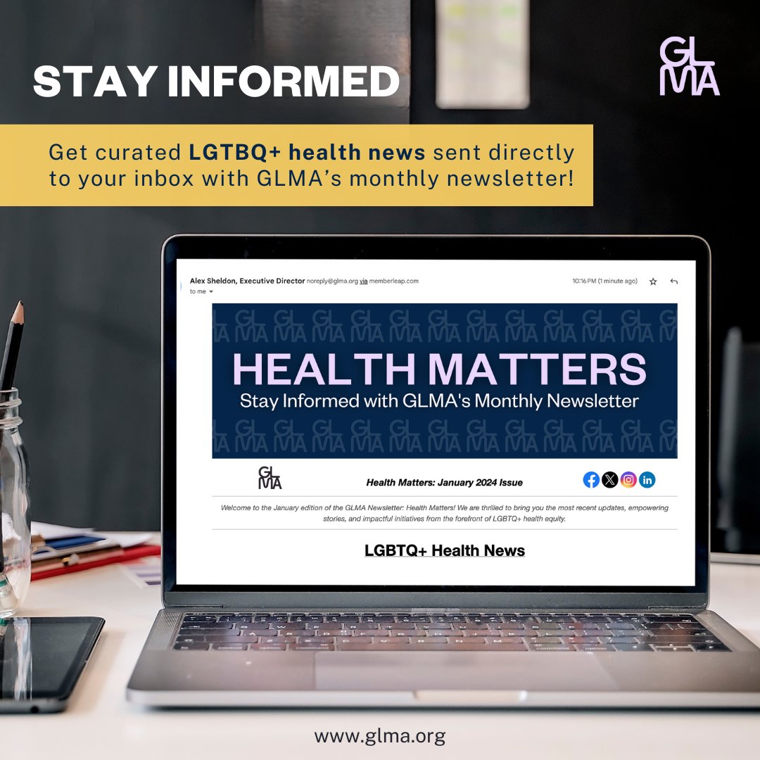 Stay informed and stay healthy! Join our GLMA Newsletter: Health Matters for the newest insights on significant news and initiatives leading the charge in LGBTQ+ health equity. Sent directly to your inbox at the beginning of every month! loom.ly/IkEO5Ao #LGBTQHealth