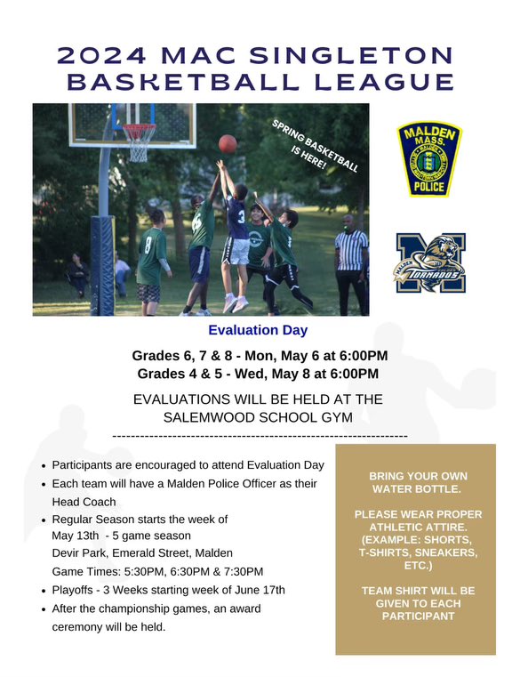 🏀 Join the 2024 Mac Singleton Basketball League! Grade 4/5 league has openings, while middle school league is full. For complete details please see the attached flyer for evaluation days. Officers from the MPD will once again be coaching and are excited to meet with all the new…