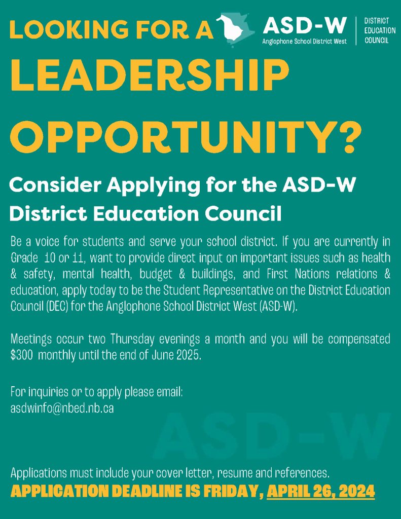 Are you a Grade 10 or 11 student in @ASD_West looking for a leadership opportunity? Apply to be the Student Representative on the ASD-W District Education Council. Be a voice for students! Learn more: bit.ly/3KX9pVw The DEC application deadline is Friday, April 26, 2024.