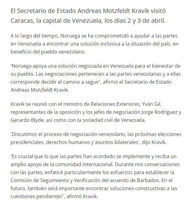 #EsNoticia Noruega 🇳🇴 confirmó que su secretario de Estado, Andreas Motzfeldt Kravik, estuvo en Caracas y se reunió con dirigentes de la oposición venezolana y con el gobierno de Maduro.