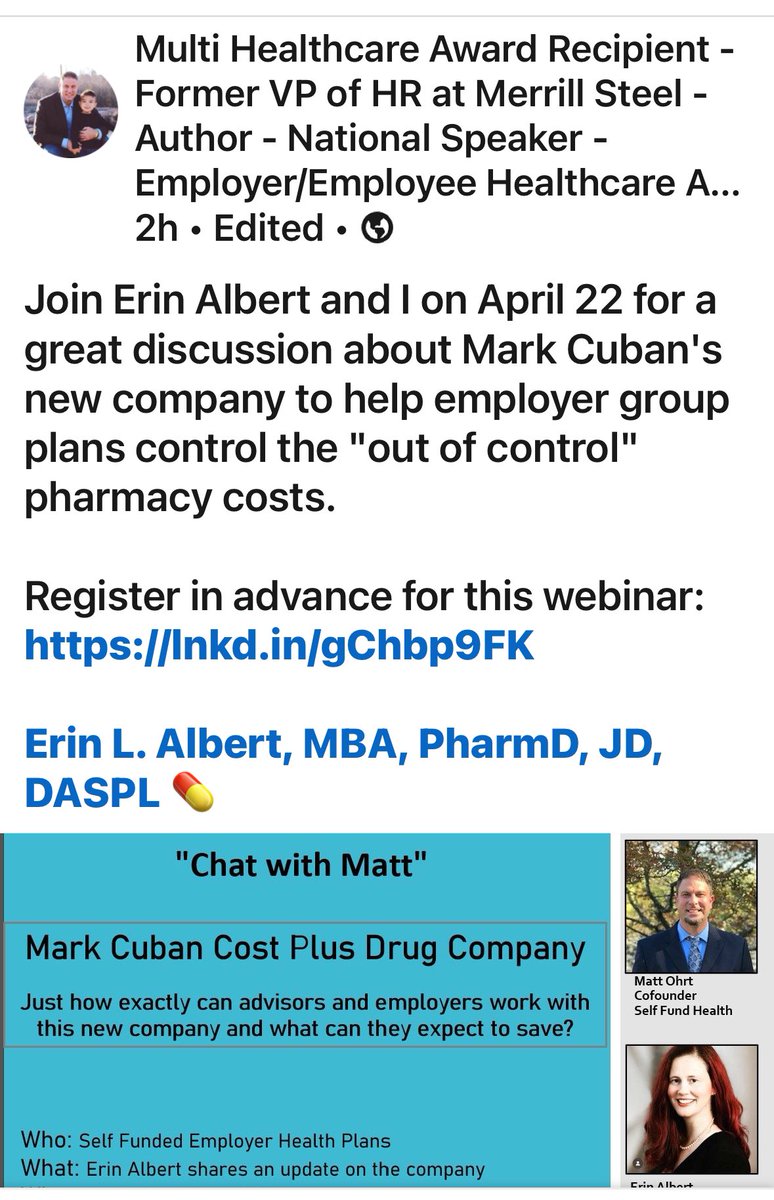 Huge thanks to @mcuban for allowing this convo to take place. Looking forward to @ErinLAlbert fantastic education self funded plans et al! Please register and help me spread the word! @redlgb1969 @BoesingLoretta @MattieRheumMD @CSROAdvocacy @matt_ohrt @PhRMA @FreeMarketMed