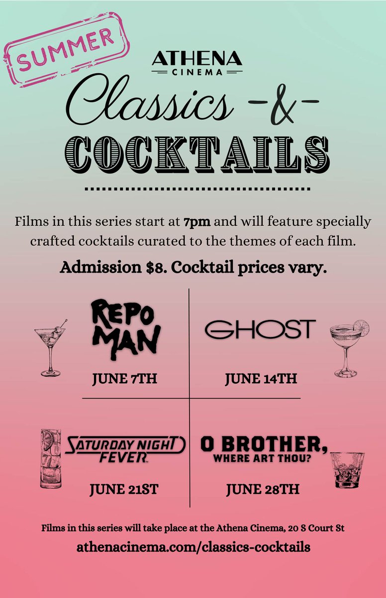 AthenaCinema's tweet image. #ClassicsAndCocktails is back for Summer 2024!
Join us Fridays in June for classic films paired with curated cocktails. Tix sell fast, so get 'em now! 
athenacinema.com/classics-cockt…
6/7 - REPO MAN
6/14 - GHOST
6/21 - SATURDAY NIGHT FEVER
6/28 - O BROTHER, WHERE ART THOU?