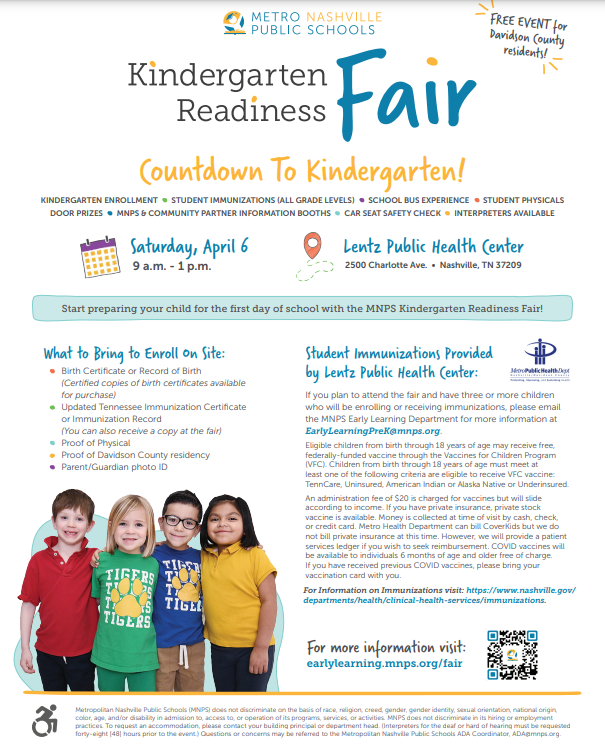 It's time for the Kindergarten Readiness Fair!! Join us this Saturday April 6th 9am-1pm!! For more info visit: tinyurl.com/3c35pkw7 #carseatcheck #prizes #zooanimals #kindergartenready #DavidsonCounty @VUMCchildren @SKWAdvocate @MetroSchools @InjuryFreeKids