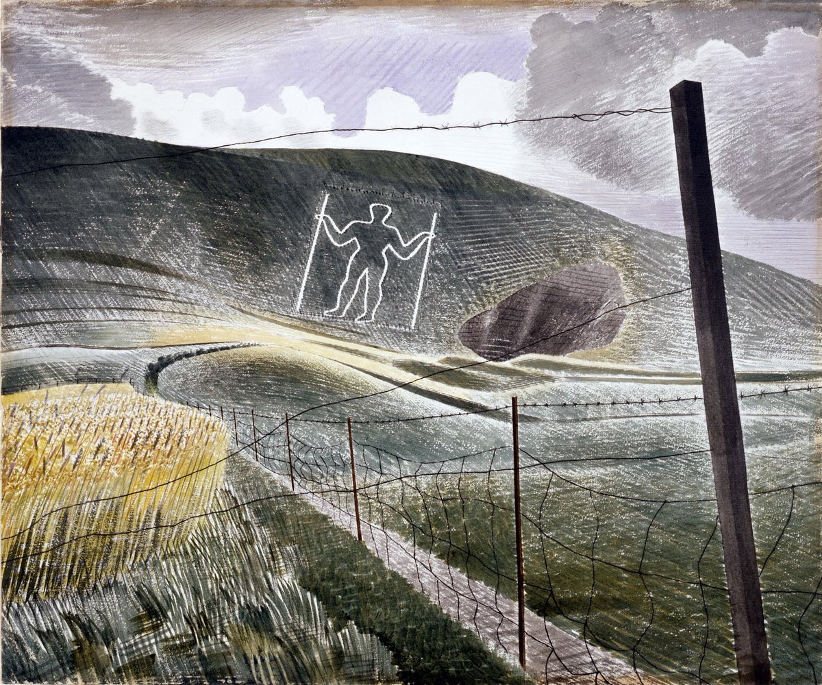 The Long Man of Wilmington, Eric Ravilious, 1939. It depicts the landscape of the Wilmington Giant chalk man cut into the side of a hill on the South Downs in East #Sussex. The original artwork is in the collection of @V_and_A.