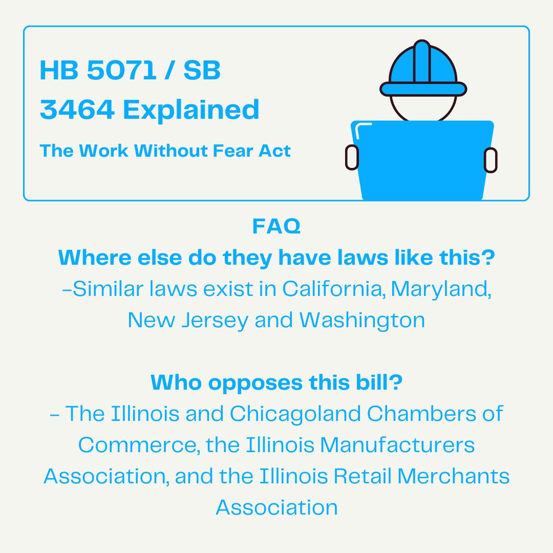 Every person should feel safe from threats and retaliation in the workplace. Read below to learn about the Work Without Fear Act which is currently in the Illinois House Judiciary-Civil Committee, and is another bill on our legislative agenda this session 📃